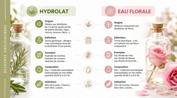 Différence entre hydrolat et eau florale avec exemples de rose, menthe, romarin et lavande - Herboristerie Sensathé